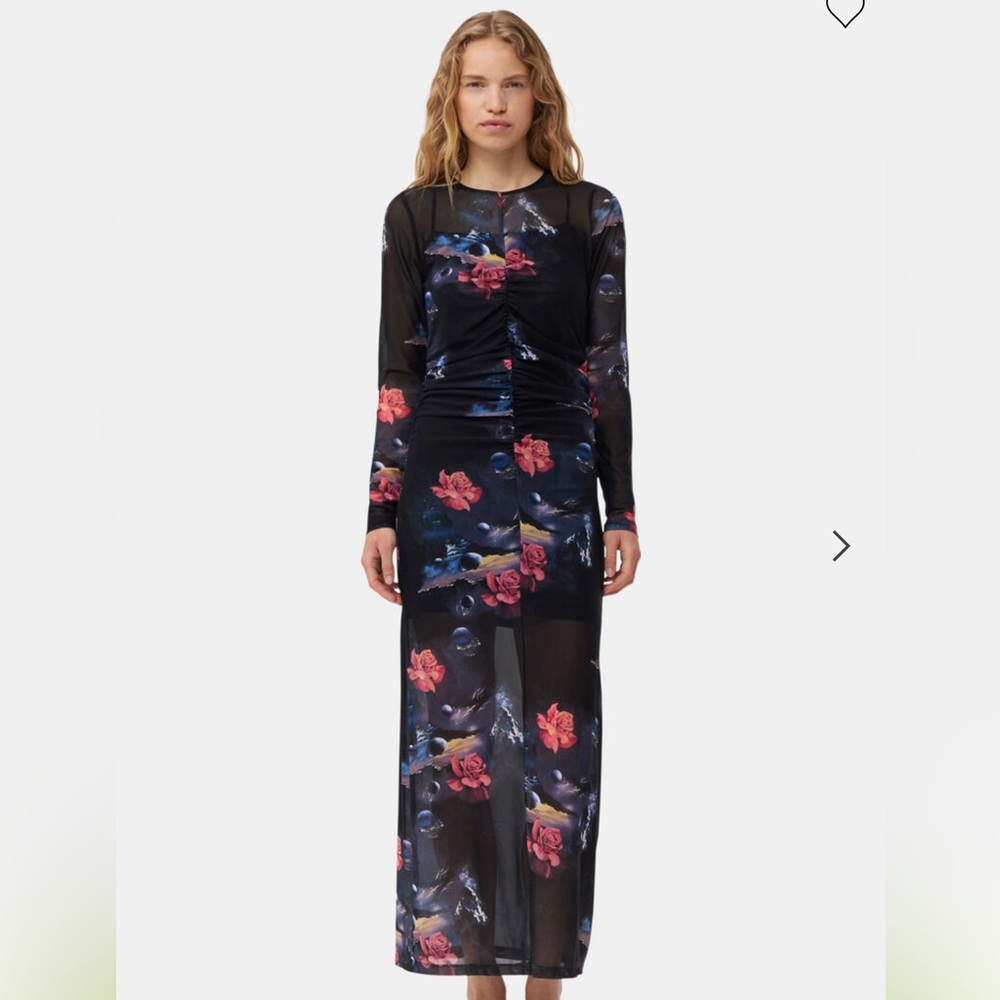 Ganni NWT Ruched long sleeve floral mesh dress